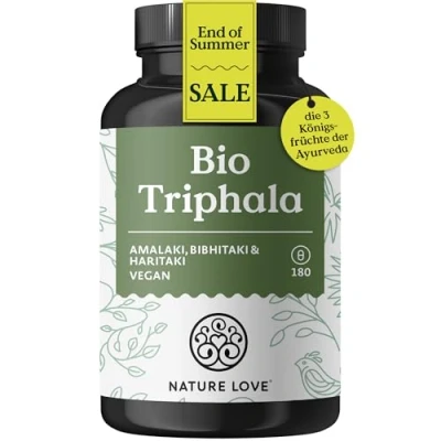 Abbildung von NATURE LOVE® Bio Triphala Hochdosiert mit 500mg je Kapsel 180 Kapseln Hochwertiger Rohstoff aus Indien Laborgeprüft und zertifiziert Bio, in Deutschland produziert