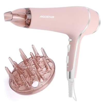 Abbildung von Aigostar Profi Haartrockner 2400W Föhn mit Diffusor, Ionen Fön Mattrosa Version Diffusor und Konzentratordüsen, 2 Geschwindigkeiten 3 Temperaturen Lora