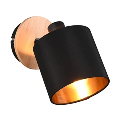 Abbildung von Reality Leuchten Strahler Tommy R81331030, Metall Schwarz matt, Holzdekor, Stoffschirm schwarz, exkl. 1xE14