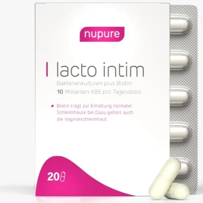 Abbildung von Nupure® Lacto Intim Milchsäurebakterien für Scheide, Zur Regulierung von Vaginalbakterien, Plus Biotin die Schleimhäute, Orale Einnahme, Vaginal Probiotics, 20 Kapseln, Vegan, laktosefrei.