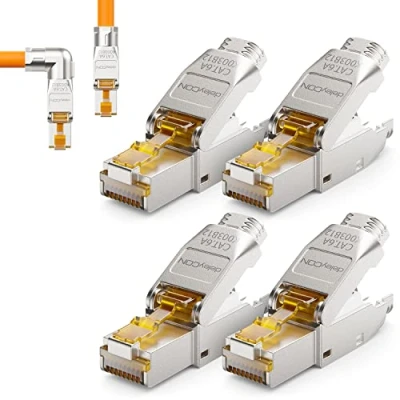 Abbildung von deleyCON 4x CAT 6a Netzwerkstecker 90 Winkel Stecker RJ45 Werkzeuglos Geschirmt 10 Gbit/s Netzwerk für Starre Verlegekabel Rohkabel Steckverbinder Ethernet LAN DSL Patchkabel