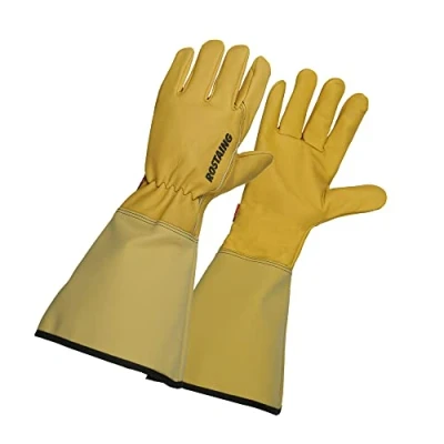 Abbildung von ROSTAING Roseraie Handschuhe, lang, aus wasserabweisendem behandeltem Leder, für alle Arbeiten in trockenen und feuchten Umgebungen, Größe von Rosen kleinen Dornen, Schutzmanschette Unterarme,