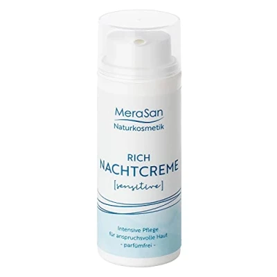 Abbildung von MeraSan Nachtcreme SENSITIVE parfümfrei, reichhaltig, vegane Naturkosmetik mit Rügener Heilkreide und reinem Macadamianussöl, Jojobaöl, Mandel Öl, Sheabutter, Kakaobutter