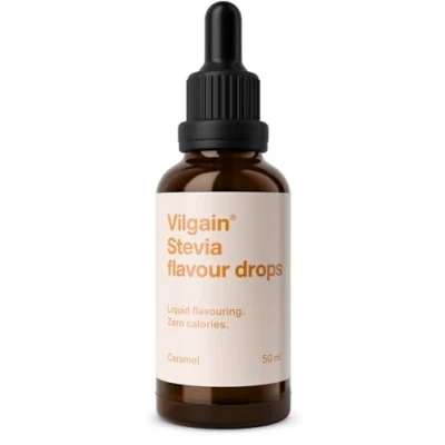 Abbildung von Vilgain Stevia Drops Natürlicher kalorienfreier Süßstoff, 5 Geschmacksrichtungen, ideal für Getränke, Backen &amp; Diabetiker, ohne Zucker, hitzebeständig, vegan ergiebig (50ml, Karamell)