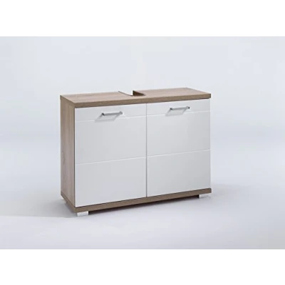 Abbildung von byLIVING Waschbeckenunterschrank NEBRASKA, Korpus Melamin Oberfläche in Sonoma Eiche, Türen MDF Hochglanz lackiert. Füße und Griff verchromt, Holzwerkstoff, Braun weiß, Breite 80 cm