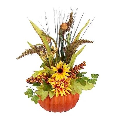 Abbildung von Flair Flower Arrangement mit künstlichen Blumen Dahlien Beeren Gräsern im Kürbis Kunstblumen Dekoblumen Herbstdeko Herbstblumen Seidenblumen Gesteck Tischdeko, 40 cm