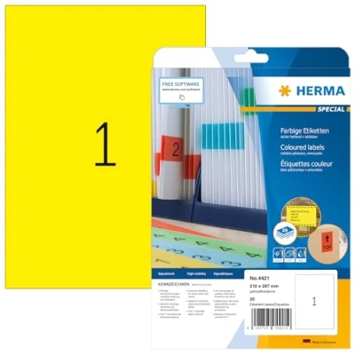 Abbildung von HERMA 4421 Farbige Etiketten gelb ablösbar, 20 Blatt, 210 x 297 mm, 1 pro A4 Bogen, Stück, selbstklebend, bedruckbar, matt, blanko Papier Farbetiketten Aufkleber