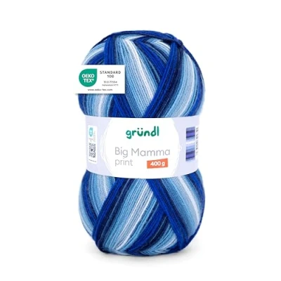 Abbildung von Gründl Wolle Big Mamma Print XXL zum Stricken Großknäuel 400 g / 1040 m Farbverlauf aus 100% Polyacryl royalblau jeans himmelblau weiß