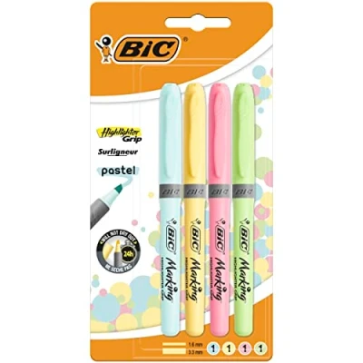 Abbildung von BIC Pastell Textmarker, Highlighter in 4 verschiedenen Pastellfarben, Strichstärke: 1.6mm 3.3mm, mit Austrocknungsschutz, bunt