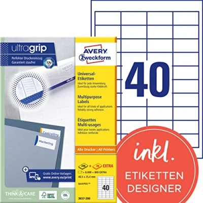 Abbildung von AVERY Zweckform 3657 200 Universal Etiketten (8.000 plus 800 Klebeetiketten extra, 48,5x25,4mm auf A4, Papier matt, individuell bedruckbar, selbstklebende Aufkleber mit ultragrip) 220 Blatt, weiß