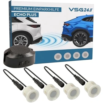 Abbildung von VSG24 Premium Einparkhilfe hinten zum nachrüsten am Auto, PDC Parksensoren mit Stecksystem für einfachste Montage Rückfahrwarner Lautsprecher &amp; 4 Sensoren Parkhilfe Nachrüstsatz Unlackiert