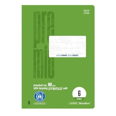 Abbildung von Staufen premio Schulheft 10 Hefte je 16 Blatt, DIN A5, Lineatur 6 (blanko), 90 g/m² Recyclingpapier, runde Ecken verhindern „Eselsohren“