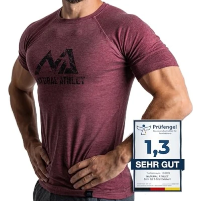 Abbildung von Herren Fitness T Shirt meliert Männer Kurzarm für Gym &amp; Training Passform Slim Fit, lang mit Rundhals, Bordeaux, S