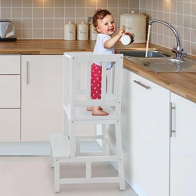 Abbildung von COSYLAND Lernturm für Kinder, FSC® Zertifiziertes Natürlicher Bambus, Stylisch Kippschutz Lernturm, Höchste Sicherheit, Montessori ab 1 Jahr Küche Tisch Bad (Weiß)