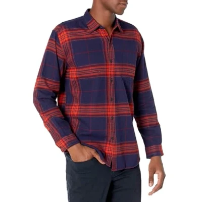 Abbildung von Amazon Essentials Herren Langarmhemd aus Flanell (in Übergröße erhältlich), Dunkelblau Orange Großes Karo, M