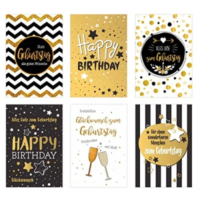 Abbildung von Edition Seidel Set 6 exklusive Premium Geburtstagskarten mit feiner Goldprägung und Umschlag. Glückwunschkarte Grusskarte Geburtstag Geburtstagskarte Mann Frau Karten Happy Birthday Billet Sprüche
