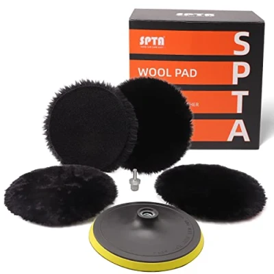 Abbildung von Lammfell pad, Lammwollhaube, Lammfell, SPTA 5tlg 180mm Polieren polierscheibe Polierset Set Wolle pad Lammwolle Klett + M14 Bohrer Adapter für Auto poliermaschine HWPPS7M14M6