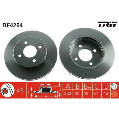Abbildung von TRW DF4254 Bremsscheibe 252 20 4 100 Belüftet lackiert NISSAN: ALMERA 1