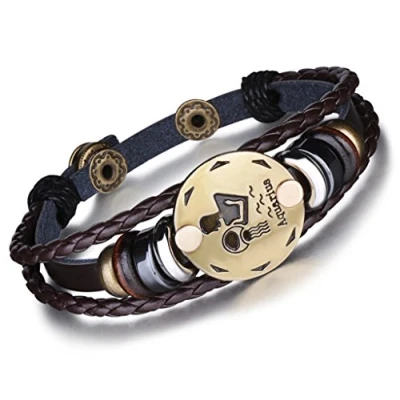 Abbildung von Unendlich U Punk Modisch 12 Sternbilder Sternzeichen Herren Damen Charm Armband Geflochten Leder Legierung Multilayer Braun Armreifen, Wassermann(Aquarius)