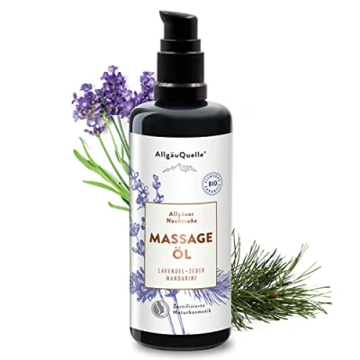 Abbildung von AllgäuQuelle® BIO Massageöl Allgäuer Nachtruhe mit 100% naturreinen ätherischen Ölen aus Lavendel, Zeder, Mandarine pflegt den ganzen Körper Sesam, Jojoba, Avocado und Shea, 100ml
