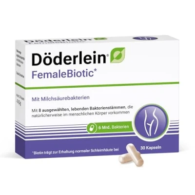 Abbildung von DÖDERLEIN® FemaleBiotic 8 Milchsäurebakterien Stämme Hochdosiert Mit 6 Mrd. KBE pro Kapsel Vitamin B2, B6 &amp; Biotin 30 Kapseln für die Vaginalflora