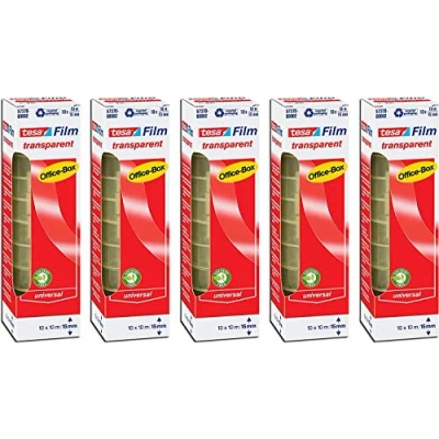 Abbildung von tesafilm® 57370 Klebefilmrollen transparent in praktischer 10 Rollen Office Box, 10m x 15mm (5er Pack = 50 Rollen)