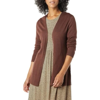 Abbildung von Amazon Essentials Damen Leichte Strickjacke, Vorne Offen (Erhältlich In Übergröße), Dunkles Kastanienbraun Meliert, L