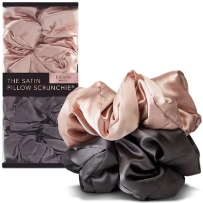 Abbildung von Kitsch Satin Haargummis für Frauen Weicher als Seide, ohne Schaden. Perfekt Zöpfe, Pferdeschwänze und Frisuren. 2er Pack (Blush/Charcoal), ideal empfindliches Haar.