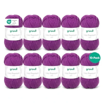 Abbildung von Gründl Lisa Premium Uni Strick &amp; Häkelgarn (weicher und wollartiger Charakter, pflegeleichtes waschbares Strickgarn aus 100% Polyacryl, 50 g/ 133 m, Nadelstärke: 3,5 4,5, 10 Knäuel á g), Purpur