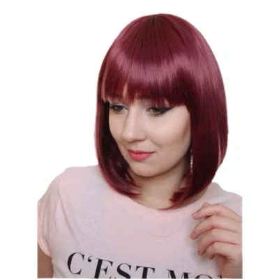 Abbildung von Prettyland Damen Frauen Pflaumenrot Weinrot Rot Bob Mittellange Retro Kurze Natürlich Matte Glatte Perücke dark red anime Short Wig C2436