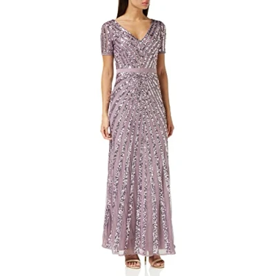 Abbildung von Maya Deluxe Damen Maxi Womens Ladies Embellished Sequin Dress Long Short Sleeve V Neck High Empire Waist A Cut Shiny Prom Wedding Brautjungfernkleid, Moody Lilac,