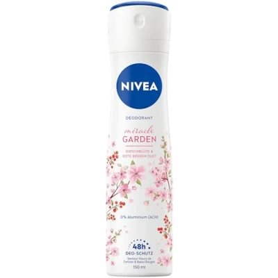 Abbildung von NIVEA Miracle Garden Deo Spray, zuverlässiges ohne Aluminium (ACH) mit Duft nach Kirschblüte &amp; roten Beeren, Deodorant 48h Schutz und sanfter Formel (150 ml)