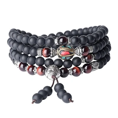 Abbildung von COAI Geschenkideen Gebetsarmband aus 108 Geschliffenem Onyx und Rotem Tigerauge mit Nepalesischer Perlen Tibetisches Wickelarmband Halskette für Damen Herren
