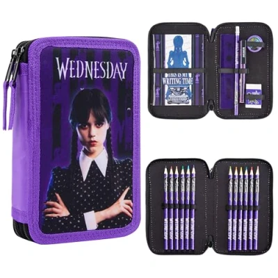 Abbildung von Wednesday Federmäppchen Mädchen Gefülltes Pencil Case Doppelmäppchen mit Stifte, Radiergummi, Notizbuch Geschenke