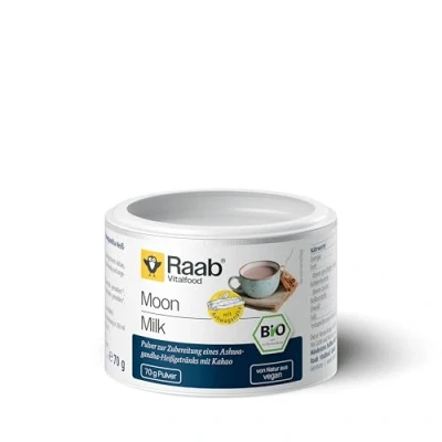 Abbildung von Raab Vitalfood Bio Moon Milk Pulver, vegan, wohltuender Schlummertrunk mit hochwertigem Ashwagandhawurzelpulver, 70 g Dose