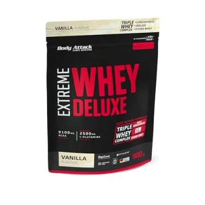 Abbildung von Body Attack Extreme Whey Deluxe Vanilla Cream, 900g Made in Germany Eiweißpulver mit Aminosäuren, Triple Complex, CFM Isolate, perfekt lösliches Protein Pulver, fettarm, zuckerarm