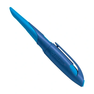 Abbildung von Ergonomischer Schulfüller für Linkshänder mit Anfänger Feder A STABILO EASYbirdy in mitternachtsblau/azur inkl. Patrone blau (löschbar)