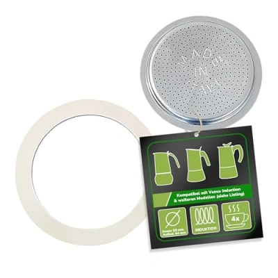 Abbildung von Harren24 Filter und Dichtung für Espressokocher, kompatibel mit Bialetti Espressokanne 4 Tassen, Ø außen 64 mm, 6,4 cm, innen 58 5,8 Ersatzdichtung, Dichtungsring