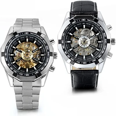Abbildung von JewelryWe 2PCS Herren Armbanduhr, Analog Quarz, Fashion Business Casual Handaufzug mechanische Uhr mit Edelstahl Leder Armband, Schwarz Bezel Skelett Zifferblatt