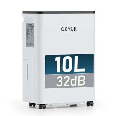 Abbildung von OKYUK Luftentfeuchter Elektrisch 10L mit Digitaler Luftfeuchtigkeitsanzeige, für Zuhause 60m² automatischer Abschaltung, ideal Wohnmobil, Badezimmer, Keller (10L Weiß)