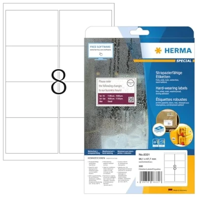 Abbildung von HERMA 8331 Wetterfeste Versandetiketten, 25 Blatt, 99,1 x 67,7 mm, 8 pro A4 Bogen, 200 Stück, selbstklebend, bedruckbar, matt, blanko Adressetiketten Aufkleber aus Folie, weiß