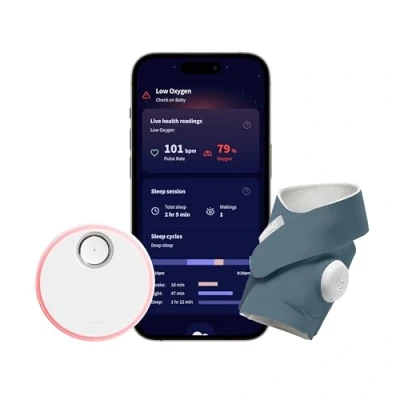 Abbildung von Owlet Dream Sock Pulsoximeter, Liveübertragung der Sauerstoffsättigung, Herzfrequenz und des Schlafverhaltens (Bedtime Blue)