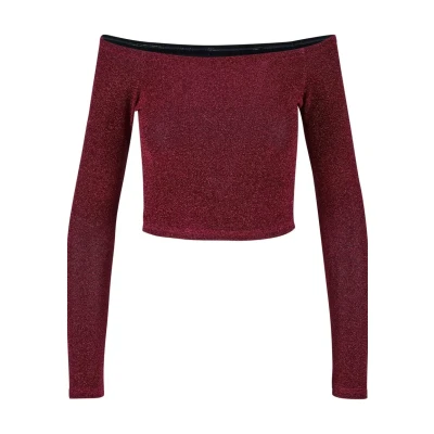Abbildung von Urban Classics OFF Shoulder Glitter Langarmshirt, Damen, Größe: 3XL, Burgundy