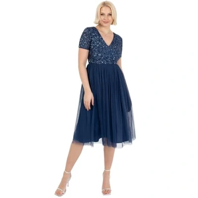 Abbildung von Maya Deluxe Damen Embellished Midi Evening Dress Women Ladies V Neckline with Short Sleeve for Prom Wedding Brautjungfernkleid, French Navy, 46