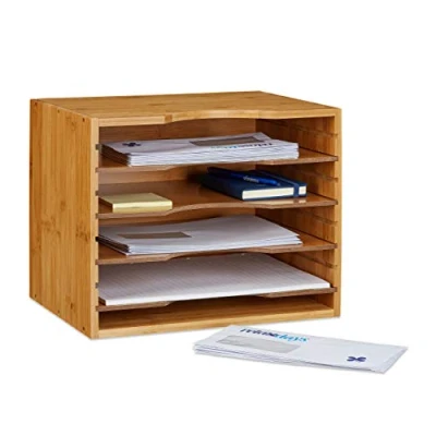 Abbildung von Relaxdays Briefablage aus Bambus HBT: ca. 26 x 33 24,5 cm Ablagesystem für den Schreibtisch Dokumentenablage mit 4 variablen Einlegeböden Papierablage Holz Briefe und Unterlagen, natur