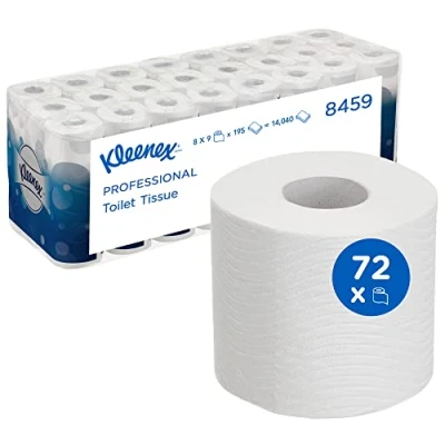 Abbildung von Kleenex Toilettenpapier 8459 3 lagiges Klopapier 8 Packungen mit je 9 Rollen x 195 Blatt, weiß (insges. 72 Rollen/14.040 Blatt) WC Papier