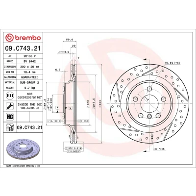 Abbildung von BREMBO 09.C743.21 Bremsscheibe 300 20 5 innenbelüftet, geschlitzt/gelocht beschichtet hochgekohlt mit Schrauben MINI: Clubman, Countryman