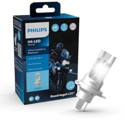 Abbildung von Philips Ultinon Pro6000 Boost gen2 Direct fit H4 LED Moto, Scheinwerferlampe mit Straßenzulassung für Motorräder*, +300% helleres Licht**