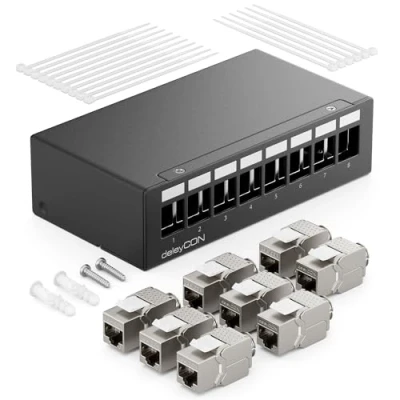 Abbildung von deleyCON 8 Port Patchpanel Set Patchfeld Verteilerfeld 1 HE + 8x RJ45 Keystone Jack Modul STP CAT6a Kompatibel mit Verlegekabel CAT6 CAT7 Netzwerkkabel Ethernet LAN DSL Schwarz