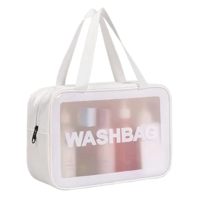 Abbildung von SZDPC Groß Kulturbeutel Damen &amp; Herren, Reise Kulturtasche mit Tragegriff, matt durchscheinende Duschtasche (White L)